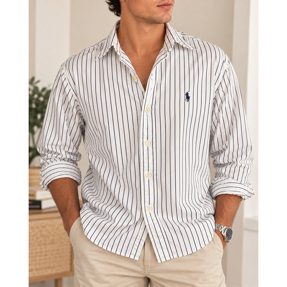 Ralph Lauren Classic Fit White & Navy Striped Long Sleeve Button Down Shirt